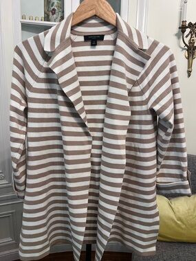 Ann Taylor Petite Striped Open Cardigan in Beige and White